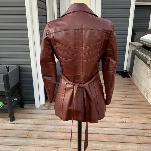 Vintage 70s Sears Burgundy Leather Quilt Lined Belted Blazer Jacket Trench Coat - Picture 7 of 16